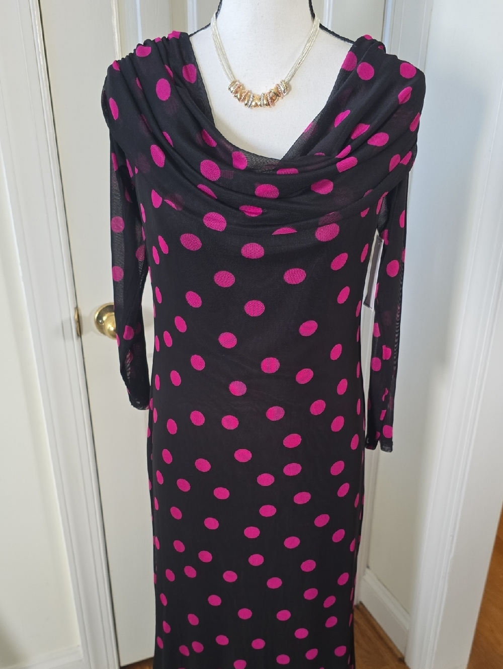 PREMIER AMOUR BRAND WOMEN'S BEAUTIFUL BLACK POLKA DOTS DRAPE NECK DRESS SIZE 10